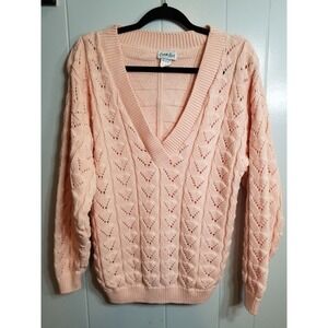 Vintage Cuddle Knit‎ Women's L Y2K Cotton Candy Pink Open knit Vneck Sweater